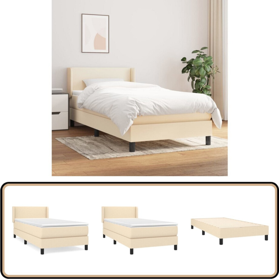 vidaXL Boxspring - Creme - Inclusief Matras - 100x200 cm Boxspringbed - Slaapcomfort - Pocketvering - Creme Kleur - Hoofdbord afbeelding 1
