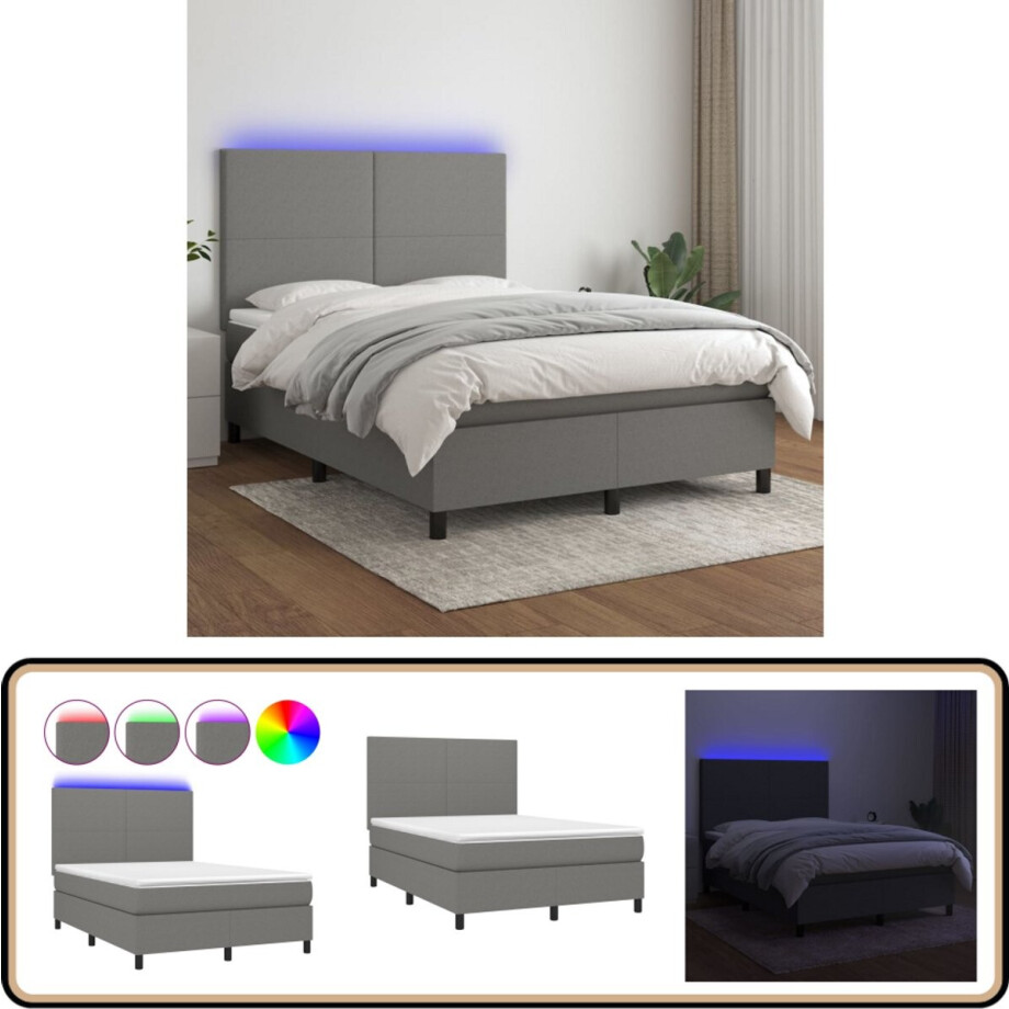 vidaXL Boxspring - Stof - Donkergrijs - 140x200 cm Boxspring Bed - Donkere Kleuren - Elektrisch Verstelbare Hoofdbord - Led Verlichting - Pocketveer Matras afbeelding 1