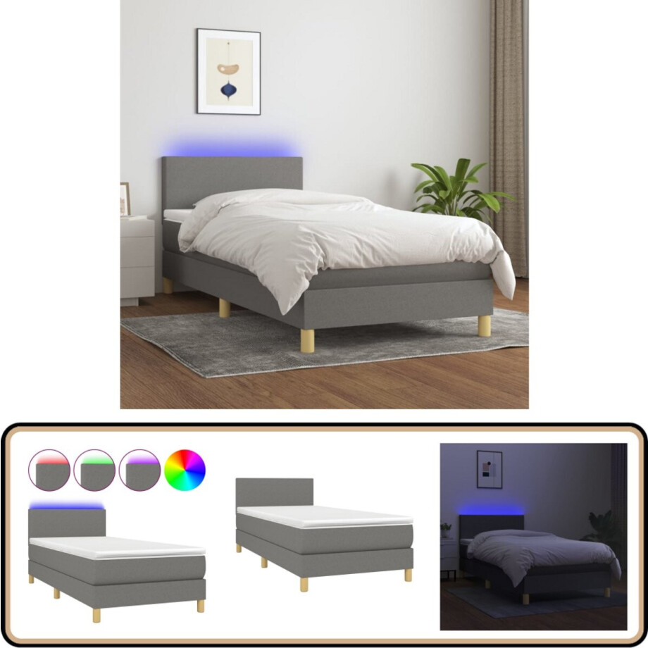 vidaXL Boxspring met LED 90x190 cm donkergrijs Boxspring - Led Boxspring - Donkere Boxspring - Slaapcomfort - Boxspring Kopen afbeelding 1