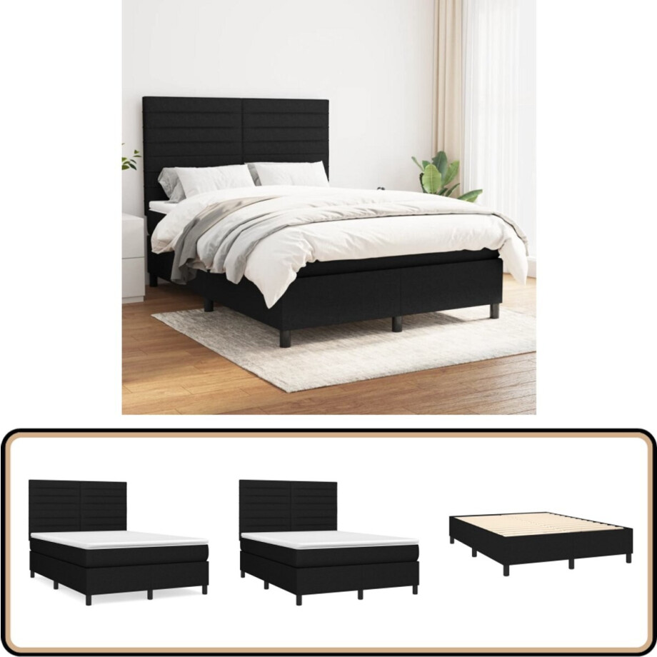 vidaXL Boxspring met matras zwart 140x190 cm Boxspring - Boxspringbed - Pocketvering Matras - Verstelbare Hoofdbord - Medium Stevigheid afbeelding 1