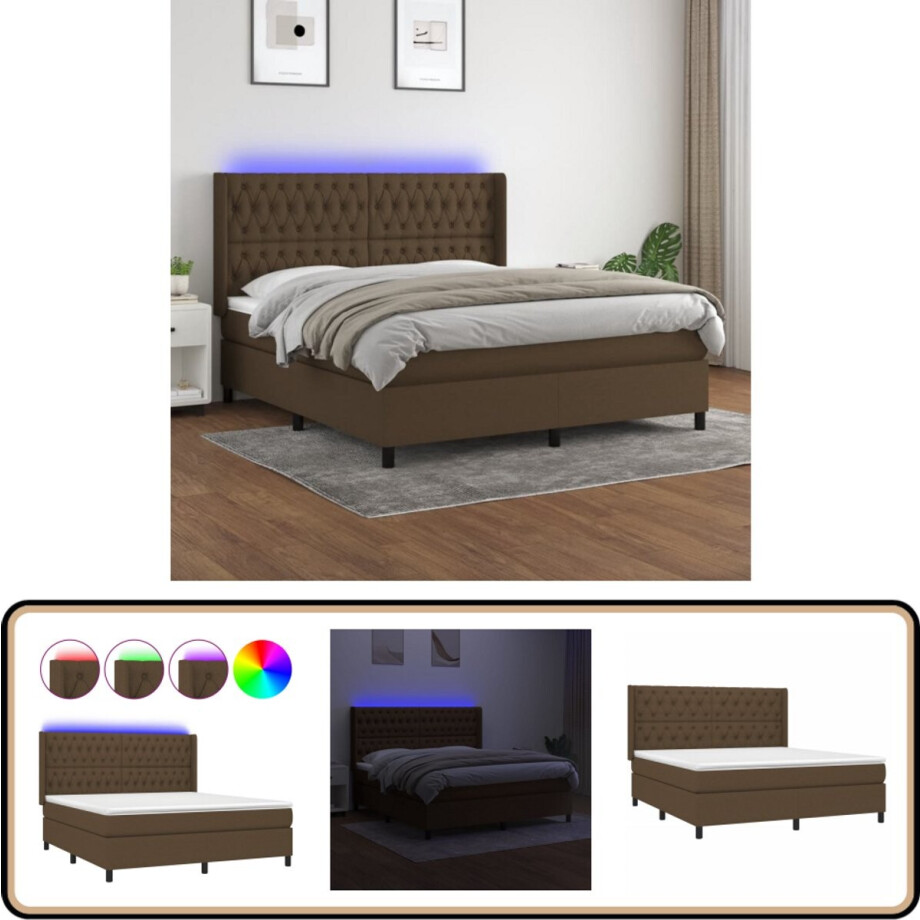 vidaXL Boxspring met LED - Donkerbruin - 160x200 cm Boxspring - Led Bed - Boxspring Met Led - Pocketed Spring Mattress - Lederlook Bed afbeelding 1