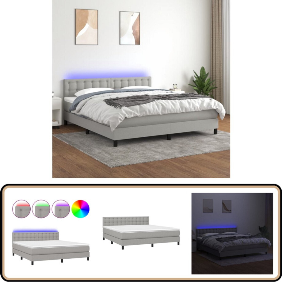vidaXL Boxspring met LED - 180x200 cm - Lichtgrijs Boxspring - Led Bed - Pocketed Spring Mattress - Hoofdbord - Grijs Bed vidaXL Boxspring met LED - 180x200 cm - Lichtgrijs Boxspring - Led Bed - Pocketed Spring Mattress - Hoofdbord - Grijs Bed afbeelding 1