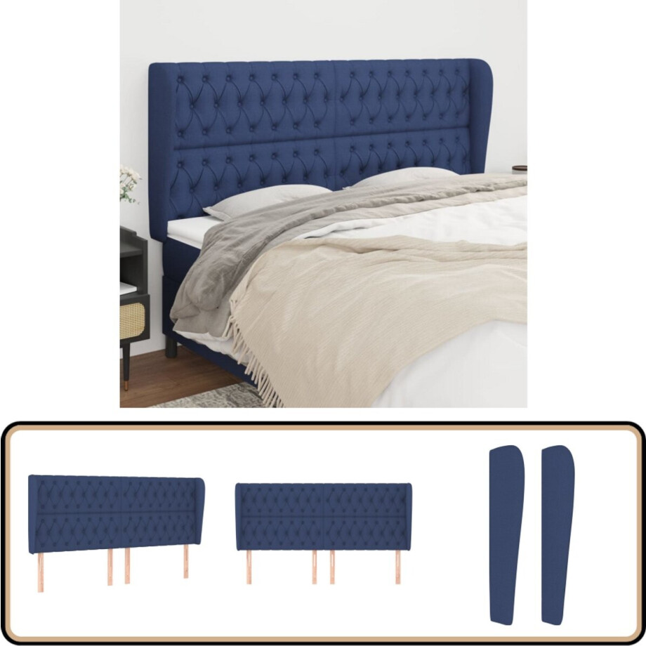 vidaXL Hoofdbord met randen - 203x23x128 cm - Blauw Klassieke Hoofdbord - Hoofdbord Blauw - Bedhoofd - Stoffen Hoofdbord - Hoofdbord Met Randen afbeelding 1
