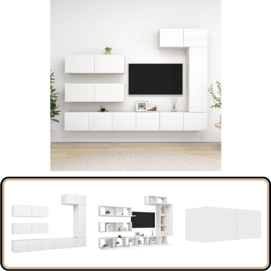 vidaXL Tv-meubelset - 7-delig - Wit - Bewerkt hout Tv Meubels - Houten Tv Kasten - Tv Kast Set - Witte Tv Meubelen - Modern Tv Meubel afbeelding 1