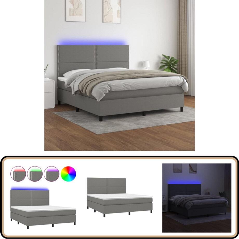 vidaXL Boxspring met LED donkergrijs 160x200 cm Boxspring - Donkere Kleuren - Lederlook - Elektrisch Verstelbare Hoofdbord - Led Verlichting afbeelding 1