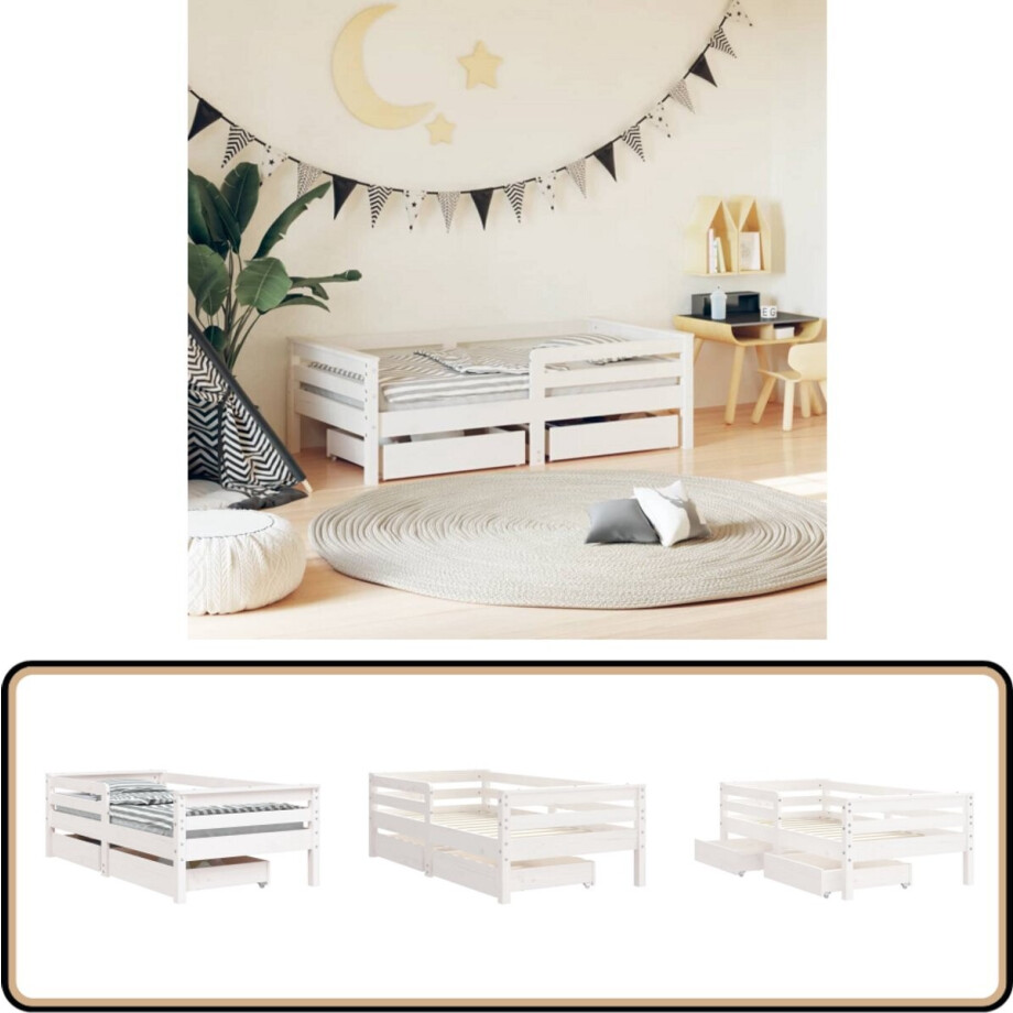 vidaXL Kinderbedframe - 70x140 cm - Met lades - Wit Kinderbed Frame - Houten Bed - Kids Bed - Grenenhouten Bed - Kinderkamer Meubilair vidaXL Kinderbedframe - 70x140 cm - Met lades - Wit Kinderbed Frame - Houten Bed - Kids Bed - Grenenhouten Bed - Kinderkamer Meubilair afbeelding 1