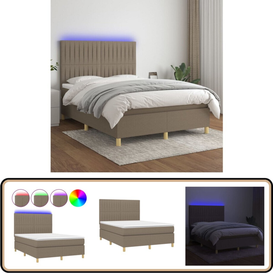 vidaXL Boxspring met LED en Matras - Taupe 140x200cm Boxspring Bed - Led Bed - Pocketed Spring Mattress - Taupe Bed - Slaapcomfort afbeelding 1