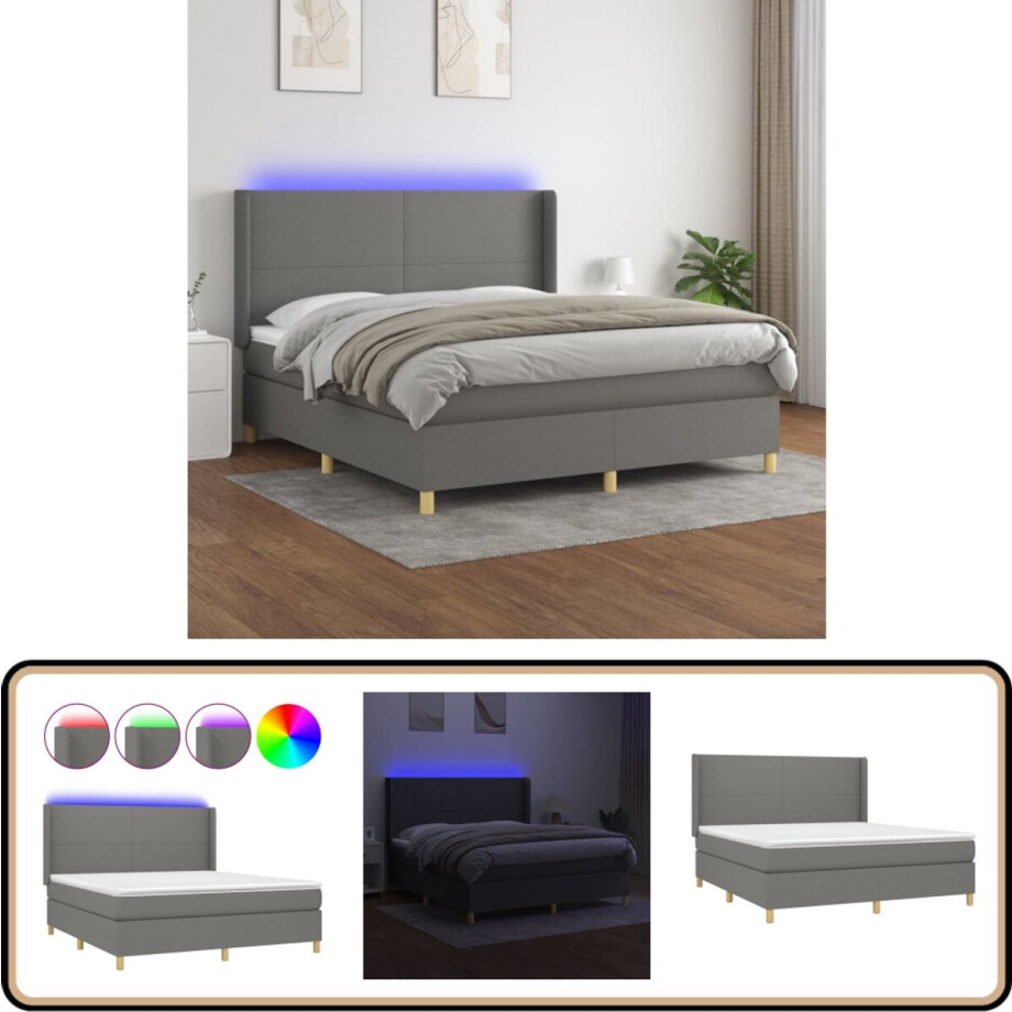 vidaXL Boxspring met matras en LED - Donkergrijs - 180x200 cm Boxspring Bed - Donkere Kleuren - Led Lampen - Pocketed Spring Mattress - Hoofdbord afbeelding 1