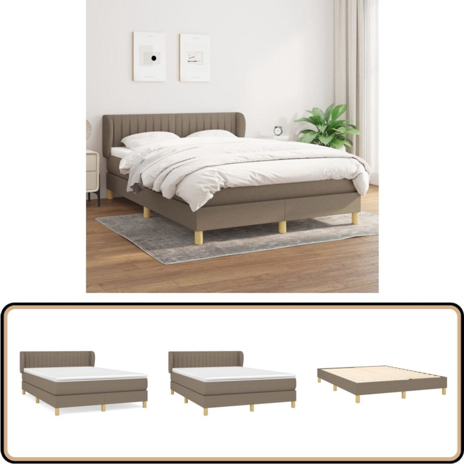 vidaXL Boxspring Taupe 140x200 cm - Inclusief Matras Boxspringbed - Pocketvering - Middelhard - Taupe - Slaapkamerinrichting afbeelding 1