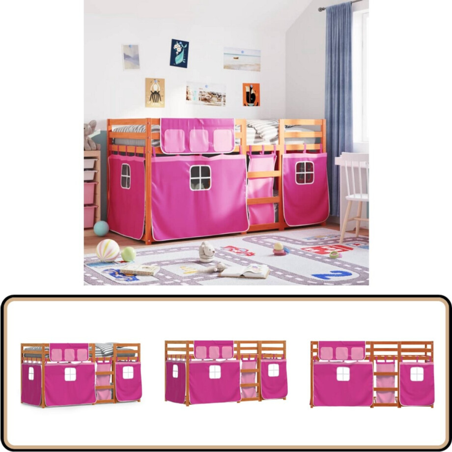 vidaXL Stapelbed met gordijnen 75x190 cm grenenhout roze vidaXL Stapelbed met gordijnen 75x190 cm grenenhout roze afbeelding 1