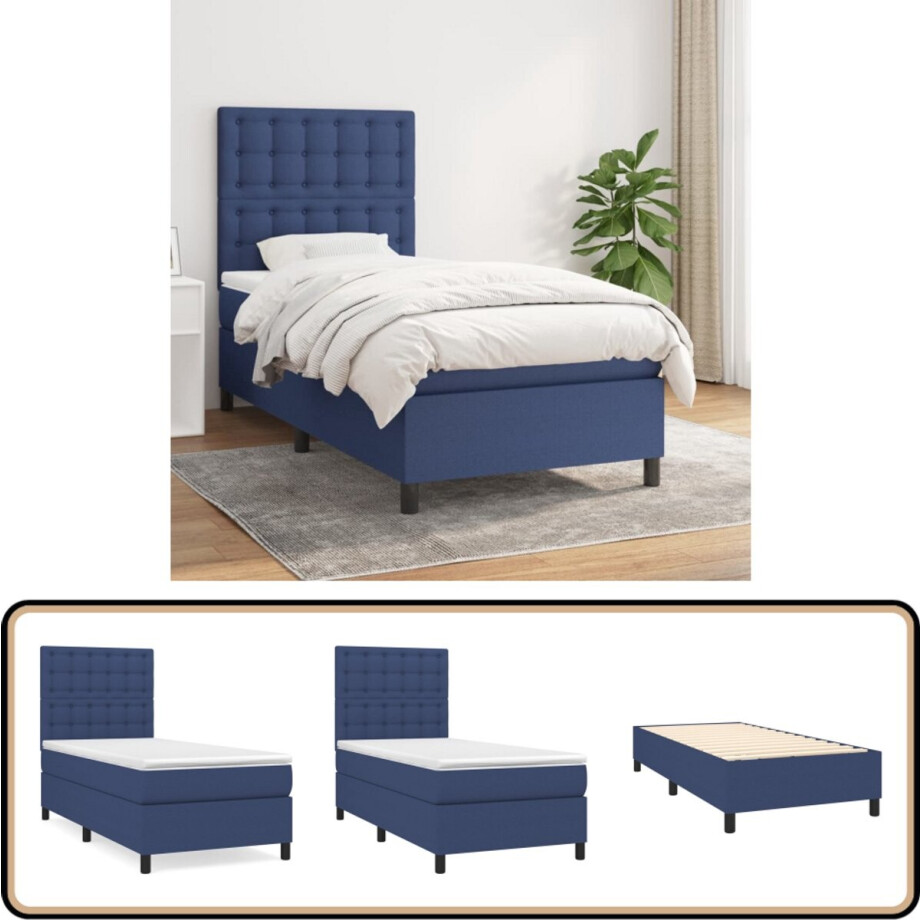vidaXL Boxspring - Blauw - 100x200 cm - Inclusief matras Boxspringbed - Pocketvering - Blauwe Boxspring - Slaapkamer Meubilair - Tweepersoons Bed afbeelding 1