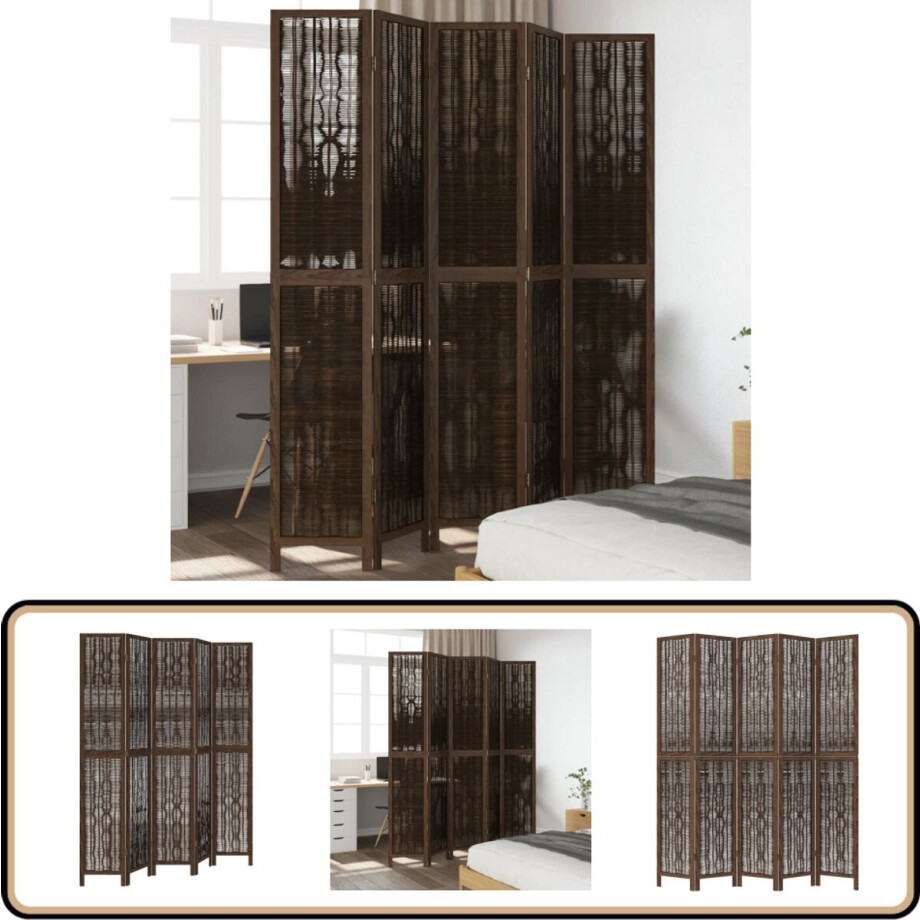 vidaXL Kamerscherm 5 panelen - Massief hout - Donkerbruin Kamerscherm - Scheidingswand - Privacy Screen - Houten Kamersscerm - Bruine Kamersscherm vidaXL Kamerscherm 5 panelen - Massief hout - Donkerbruin Kamerscherm - Scheidingswand - Privacy Screen - Houten Kamersscerm - Bruine Kamersscherm afbeelding 1