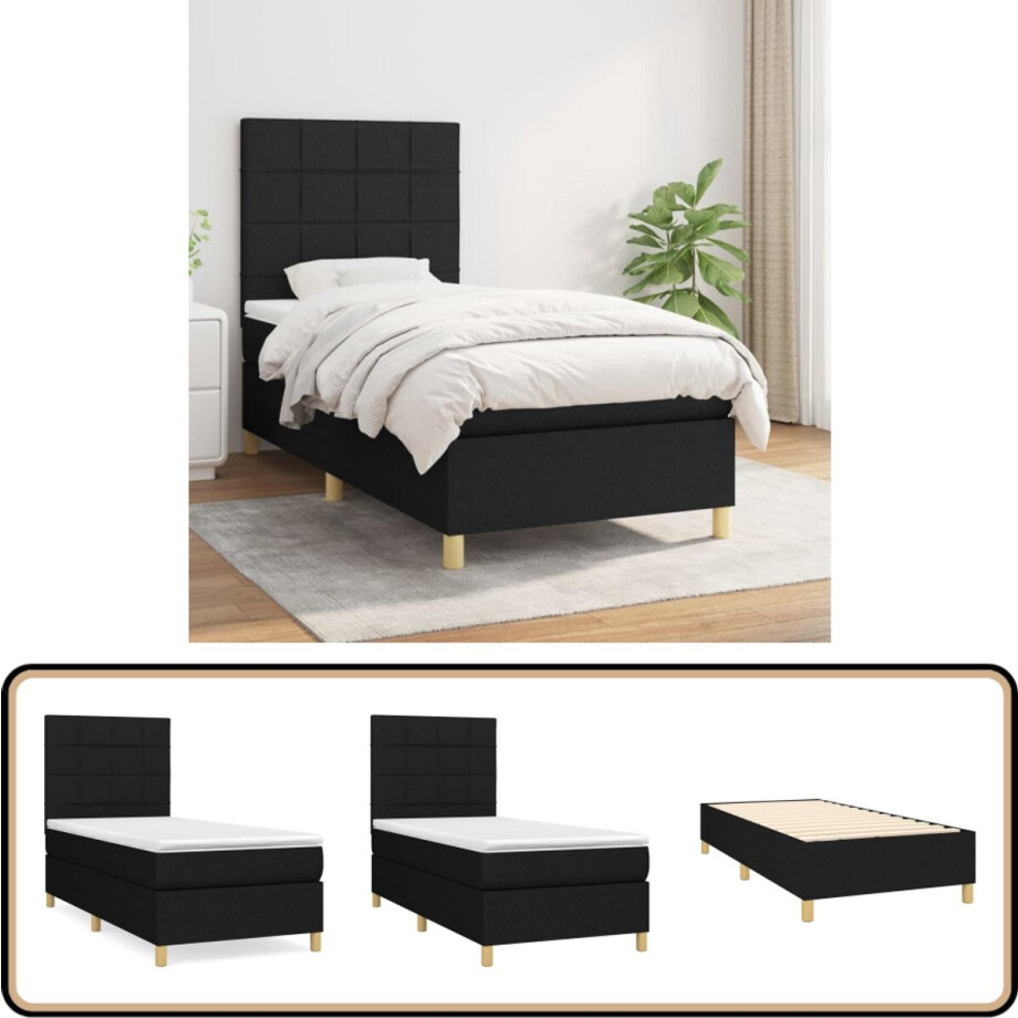 vidaXL Boxspring - Zwart - 90x200 cm - Inclusief Matras Boxspringbed - Pocketvering - Slaapcomfort - Zwarte Boxspring - Duurzame Materialen afbeelding 1