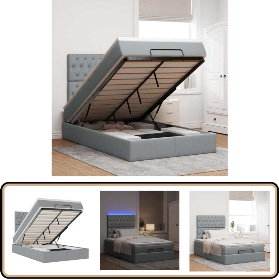 vidaXL Ottoman bed met matras en LED's 120x200cm stof lichtgrijs vidaXL Ottoman bed met matras en LED's 120x200cm stof lichtgrijs afbeelding 1