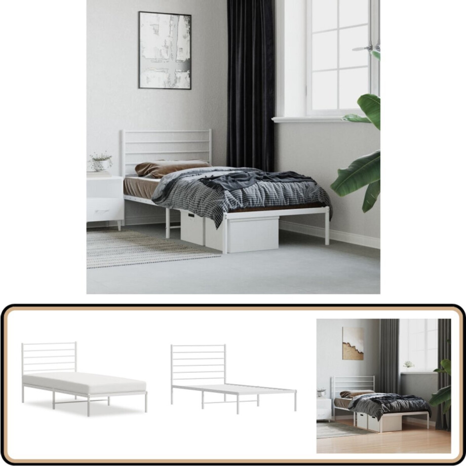vidaXL Bedframe - Met Hoofdbord - Metaal - Wit - 107x203 cm Metalen Bed Frame - Tweepersoons Bed - Witte Bed - Bed Zonder Matras - Staal Bed Frame vidaXL Bedframe - Met Hoofdbord - Metaal - Wit - 107x203 cm Metalen Bed Frame - Tweepersoons Bed - Witte Bed - Bed Zonder Matras - Staal Bed Frame afbeelding 1