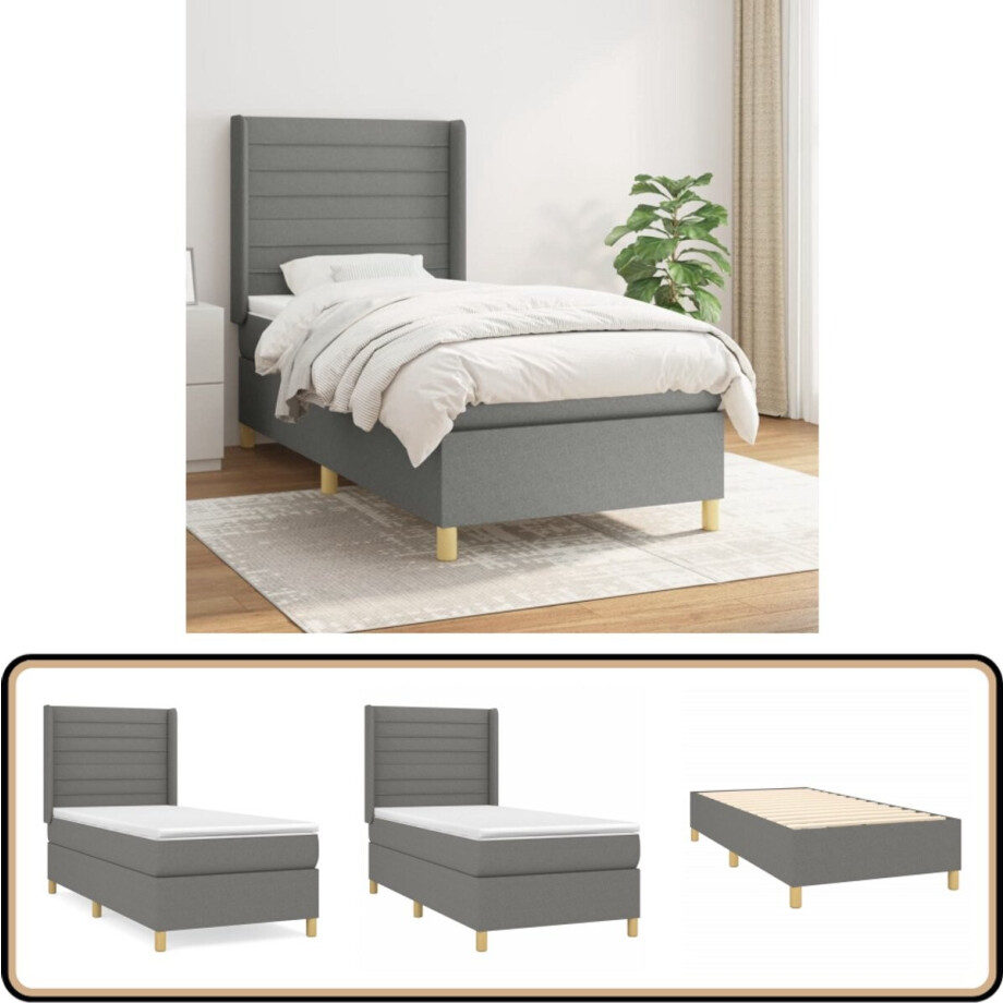 vidaXL Boxspring - Stof - Donkergrijs - 90x190 cm Boxspringbed - Donkere Kleuren - Verstelbare Hoofdbord - Pocketveer Matras - Middelhard Matras afbeelding 1