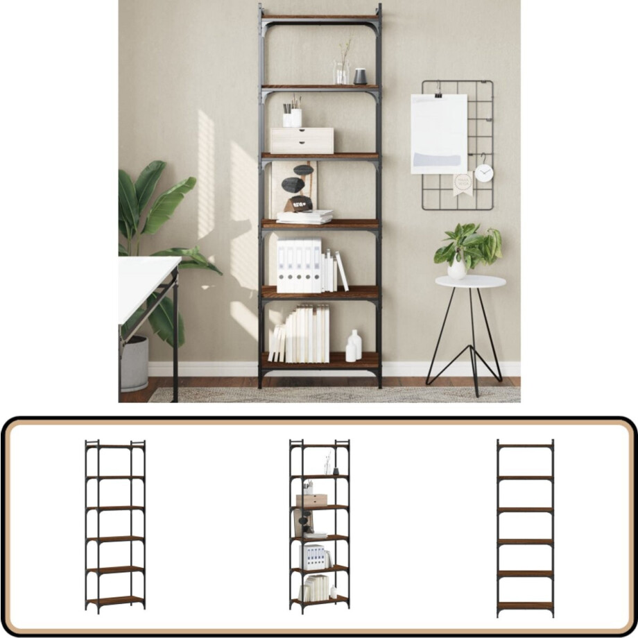 vidaXL - Boekenkast - 6-laags - 60x30x188 - cm - bewerkt - hout - bruin - eikenkleur afbeelding 1