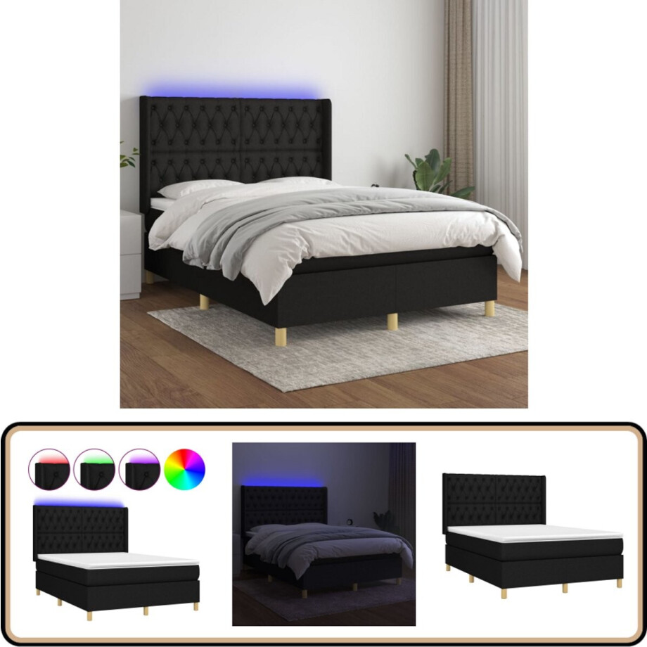 vidaXL Boxspring met LED en Matras - Zwart 140x190 cm Boxspring Bed - Led Bed - Boxspring Frame - Slaapcomfort - Pocketed Spring Mattress afbeelding 1