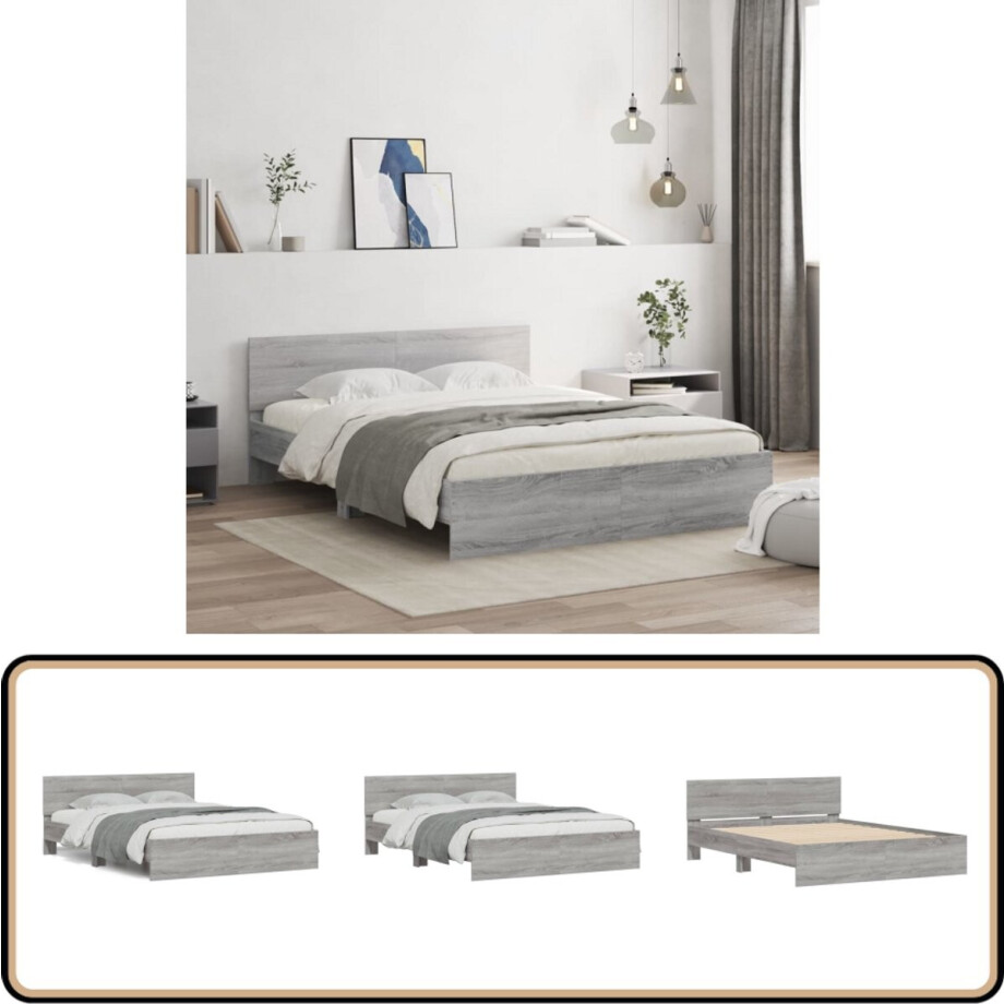 vidaXL - Bedframe - met - hoofdeinde - grijs - sonoma - eikenkleurig - 150x200 - cm afbeelding 1