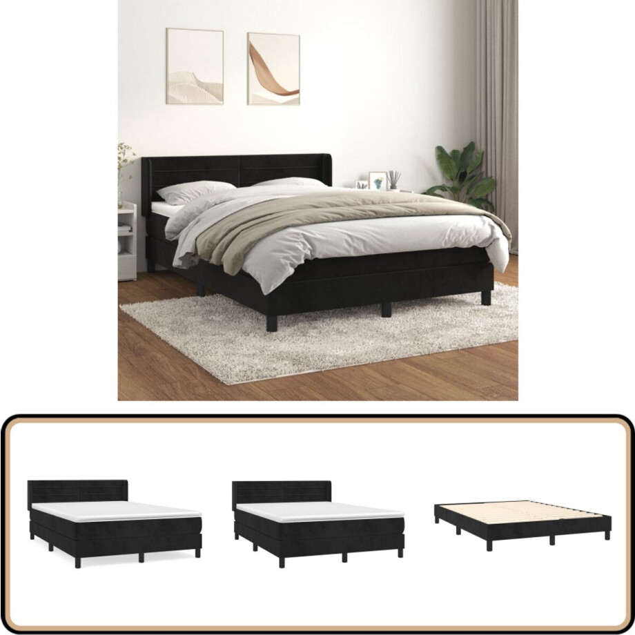 vidaXL Boxspring - Fluweel Zwart - 140x190 cm Boxspringbed - Fluweel Bed - Boxspring - Tweepersoonsbed - Hoofdbord afbeelding 1