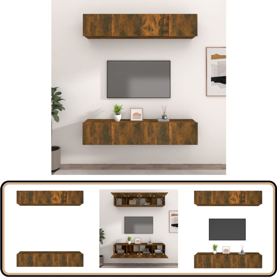 vidaXL Tv-meubelen set 4 stuks gerookt eikenhout Tv-meubel - Wandmontage - Houten Tv-tafel - Gerookte Eik - Opbergruimte afbeelding 1
