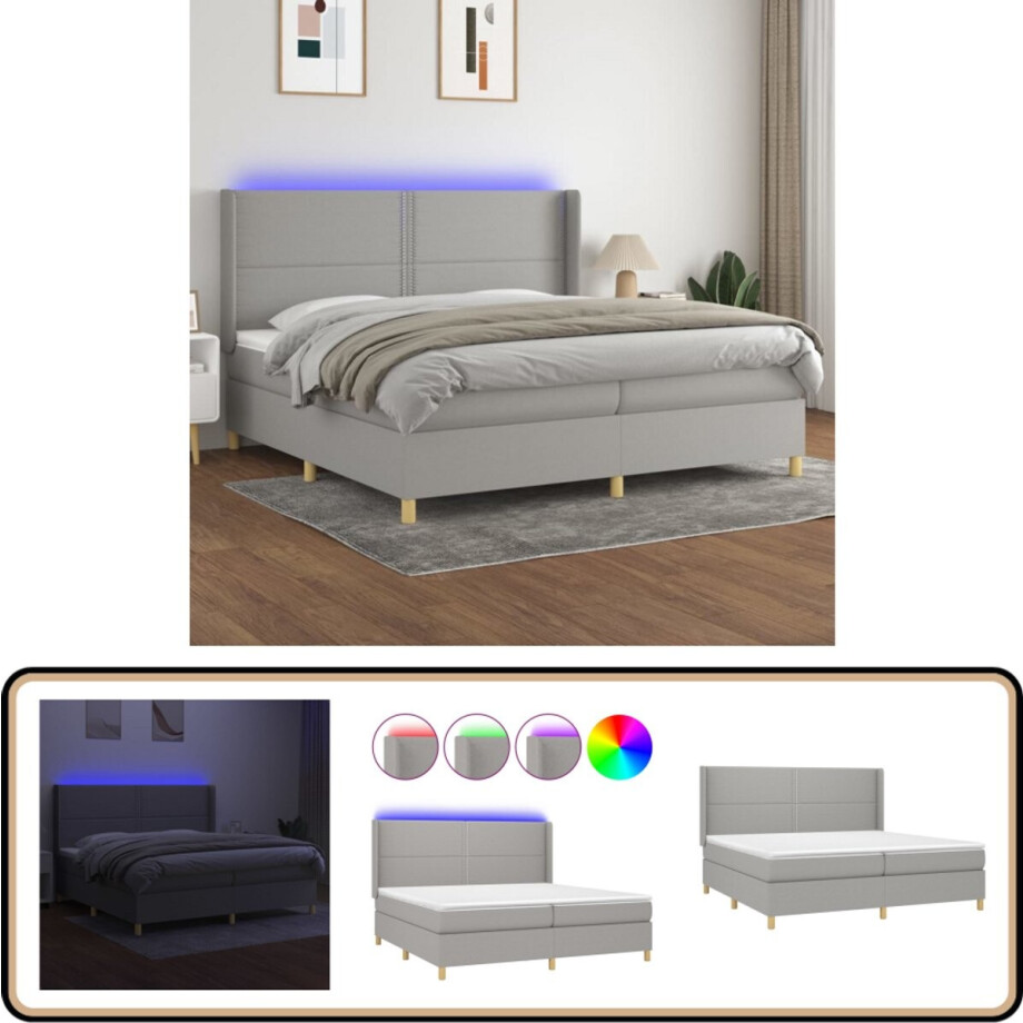 vidaXL Boxspring 200x200cm met LED en Matras Boxspring - Led Bed - Tweepersoonsbed - Grijs Bed - Slaapcomfort afbeelding 1