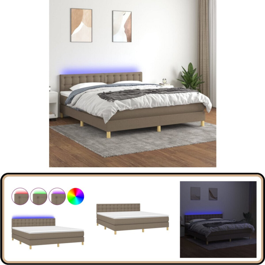 vidaXL Boxspring met LED - Stof - Taupe - 180x200 cm Boxspring - Led Boxspring - Boxspring Met Led - Pocketveer Matras - Boxspring Frame afbeelding 1