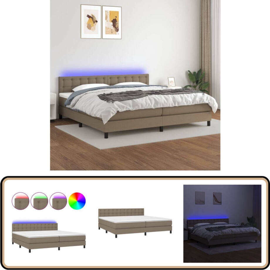 vidaXL Boxspring met LED en Matras - Taupe 200x200 Boxspring - Led Verlichting - Tweepersoonsbed - Taupe - Slaapcomfort afbeelding 1
