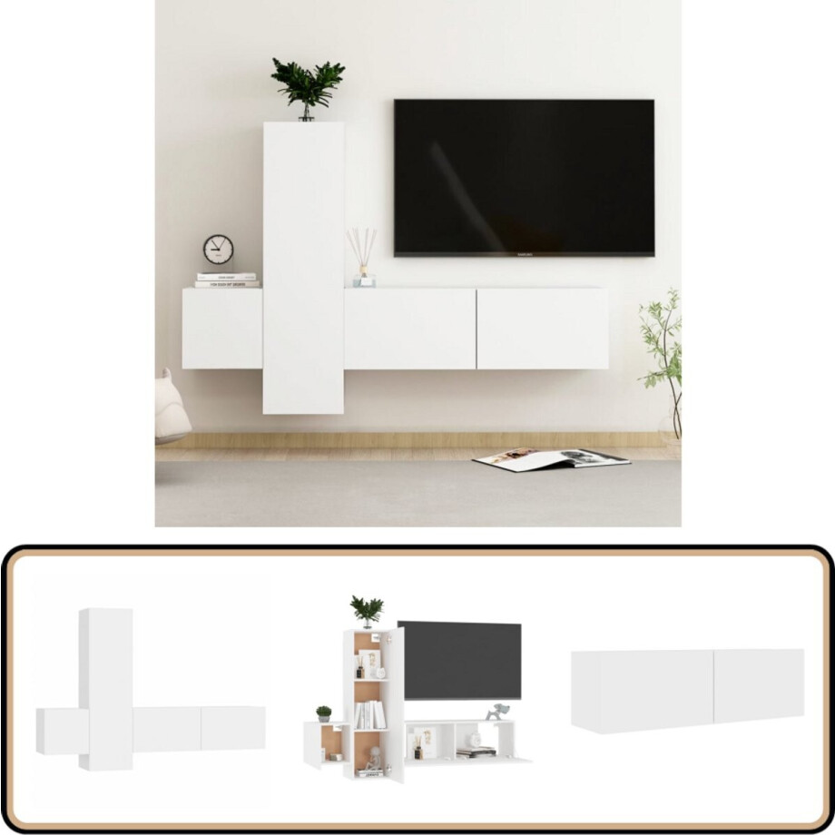 vidaXL Tv-meubelset - 3-delig - Bewerkt hout - Wit Tv-meubel - Televisiescherm - Salontafel - Woonkamerinrichting - Houten Meubilair vidaXL Tv-meubelset - 3-delig - Bewerkt hout - Wit Tv-meubel - Televisiescherm - Salontafel - Woonkamerinrichting - Houten Meubilair afbeelding 1
