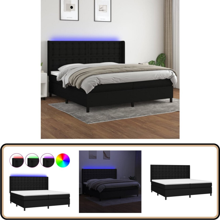 vidaXL Boxspring met matras en LED - Zwart - 200x200 cm Boxspring - Led Bed - Slaapcomfort - Zwarte Boxspring - Tweepersoons Bed afbeelding 1