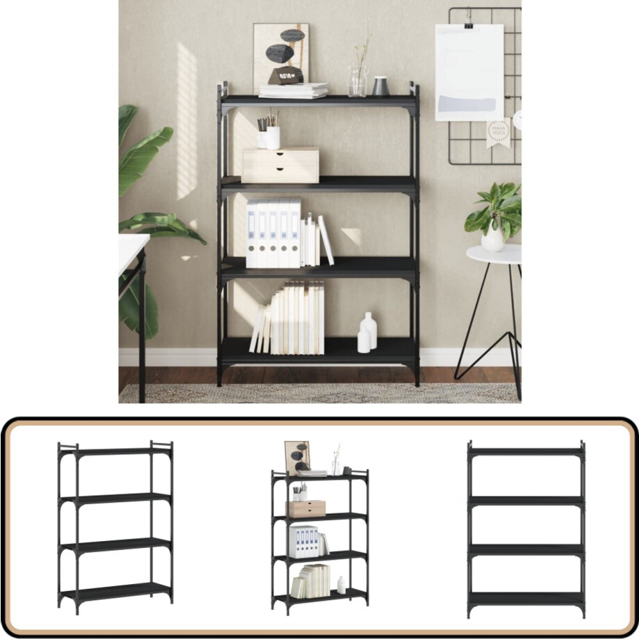 vidaXL - Boekenkast - 4-laags - 80x30x120 - cm - bewerkt - hout - zwart afbeelding 1