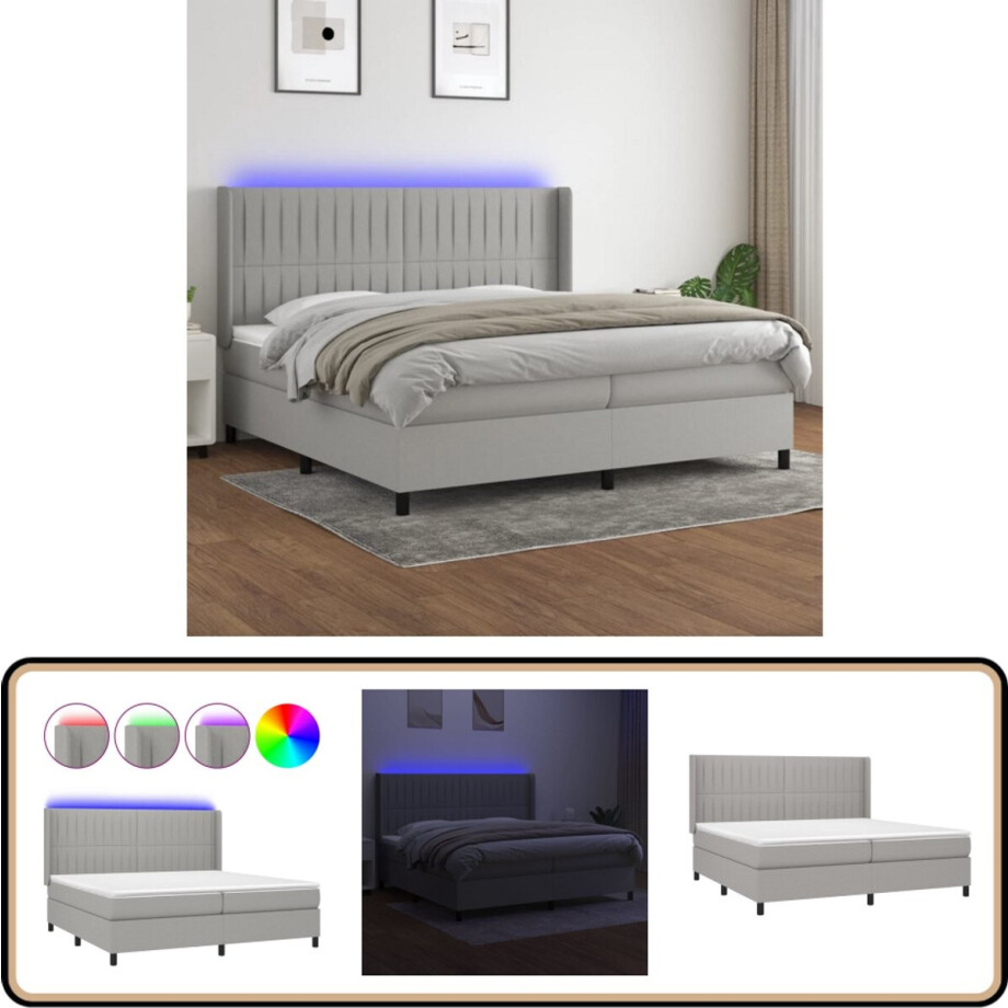 vidaXL Boxspring met LED en Matras 200x200 Lichtgrijs Boxspring - Led Bed - Pocketed Spring Mattress - Slaapcomfort - King Size Bed afbeelding 1