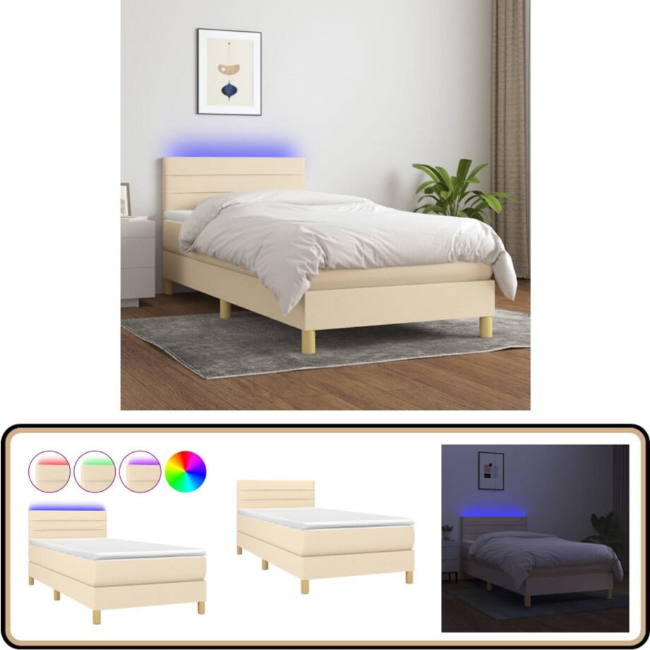 vidaXL Boxspring met matras en LED - crèmekleurig - 80x200 cm Boxspring Bed - Cremekleurig Bed - Verstelbare Hoofdbord - Led Verlichting - Slaapcomfort afbeelding 1