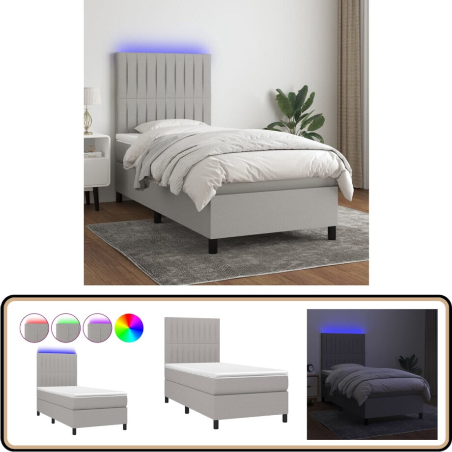 vidaXL Boxspring met LED - Lichtgrijs - 100x200 cm Boxspring - Led Boxspring - Boxspring Met Led - Pocketvering - Lederlook vidaXL Boxspring met LED - Lichtgrijs - 100x200 cm Boxspring - Led Boxspring - Boxspring Met Led - Pocketvering - Lederlook afbeelding 1