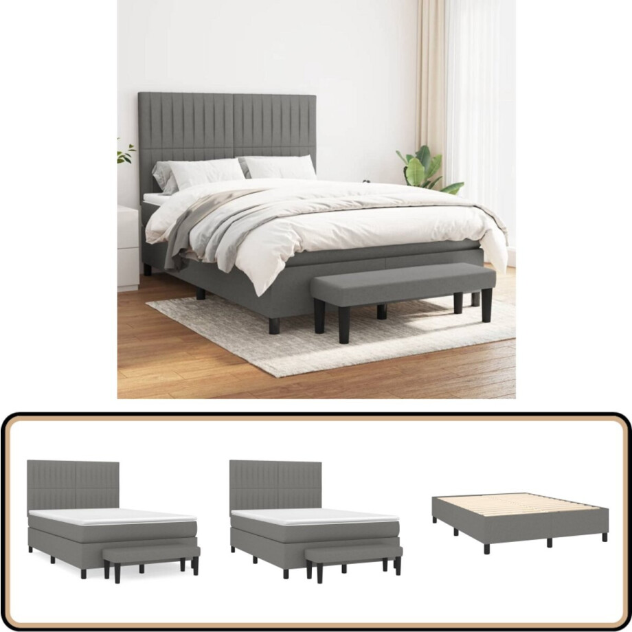 vidaXL Boxspring - Stof - Donkergrijs - 140x190 cm Boxspringbed - Slaapcomfort - Pocketvering - Verstelbare Hoofdbord - Donker Grijs afbeelding 1