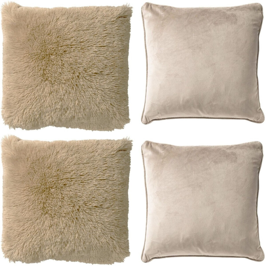 Dutch Decor - KUSSENSET - 4-delig Fluffy & Velvet - 45x45 cm - inclusief binnenkussens - beige - Met Ritssluiting – Decoratie Kussens - Comfortabele kussentjes voor op de Bank afbeelding 1
