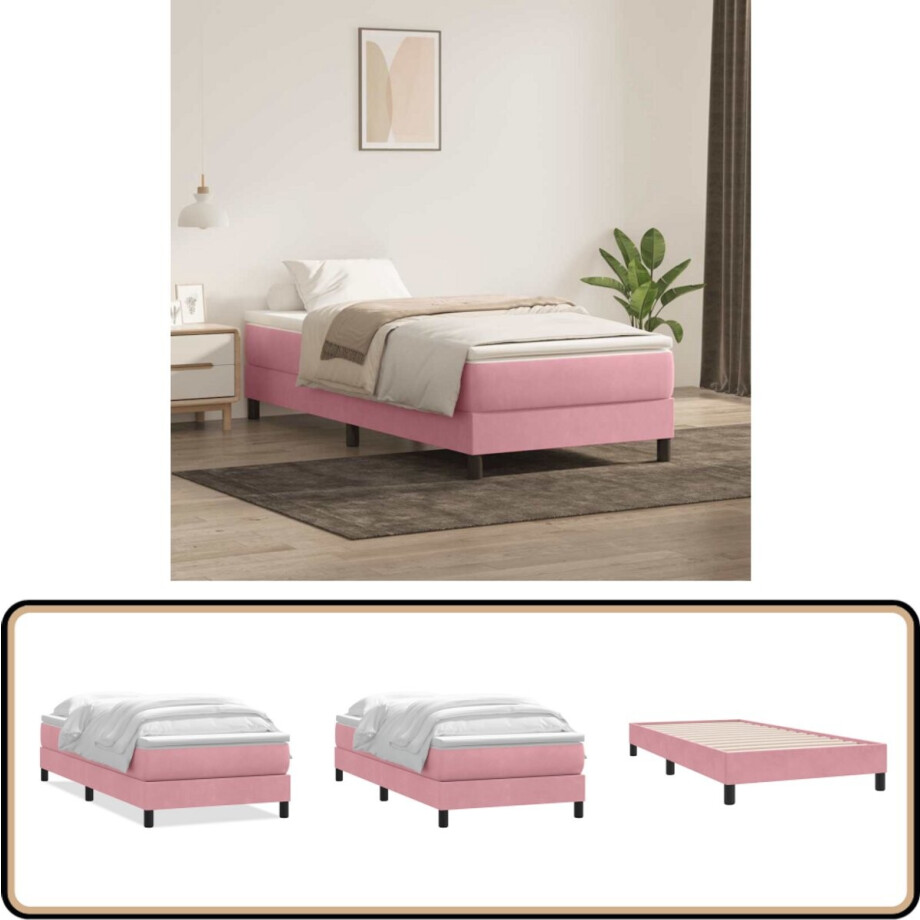 vidaXL Boxspring met matras fluweel roze 90x210 cm afbeelding 1