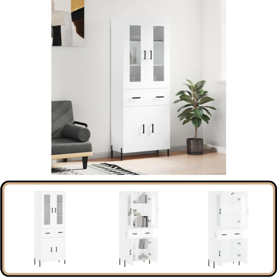 vidaXL Hoge Kast - 69,5x34x180 cm - Wit - Bewerkt Hout Hoge Kast - Houten Kast - Witte Kast - Opslagoplossing - Woonkamermeubel afbeelding 1