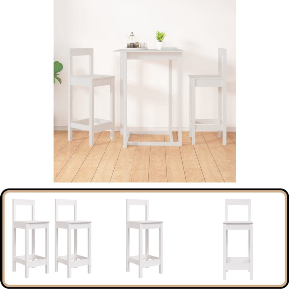 vidaXL Barstoelen - Set van 2 - Massief Grenenhout - Wit Barstoelen - Barkrukken - Houten Meubels - Design Meubilair - Witte Meubels afbeelding 1