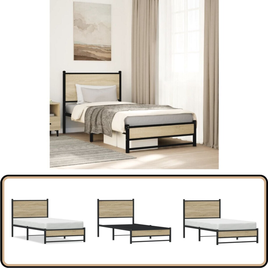 vidaXL - Bedframe - zonder - matras - metaal - sonoma - eikenkleurig - 75x190 - cm vidaXL - Bedframe - zonder - matras - metaal - sonoma - eikenkleurig - 75x190 - cm afbeelding 1