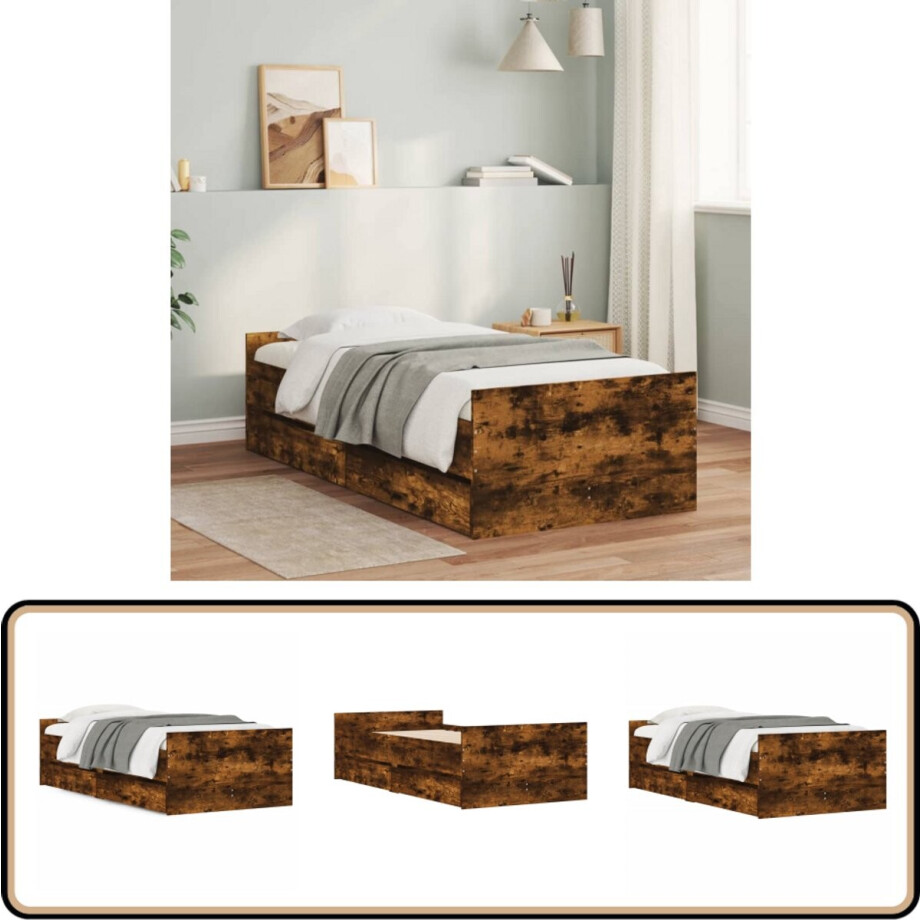 vidaXL Bedframe met lades gerookt eiken 75x190 cm Small Single afbeelding 1