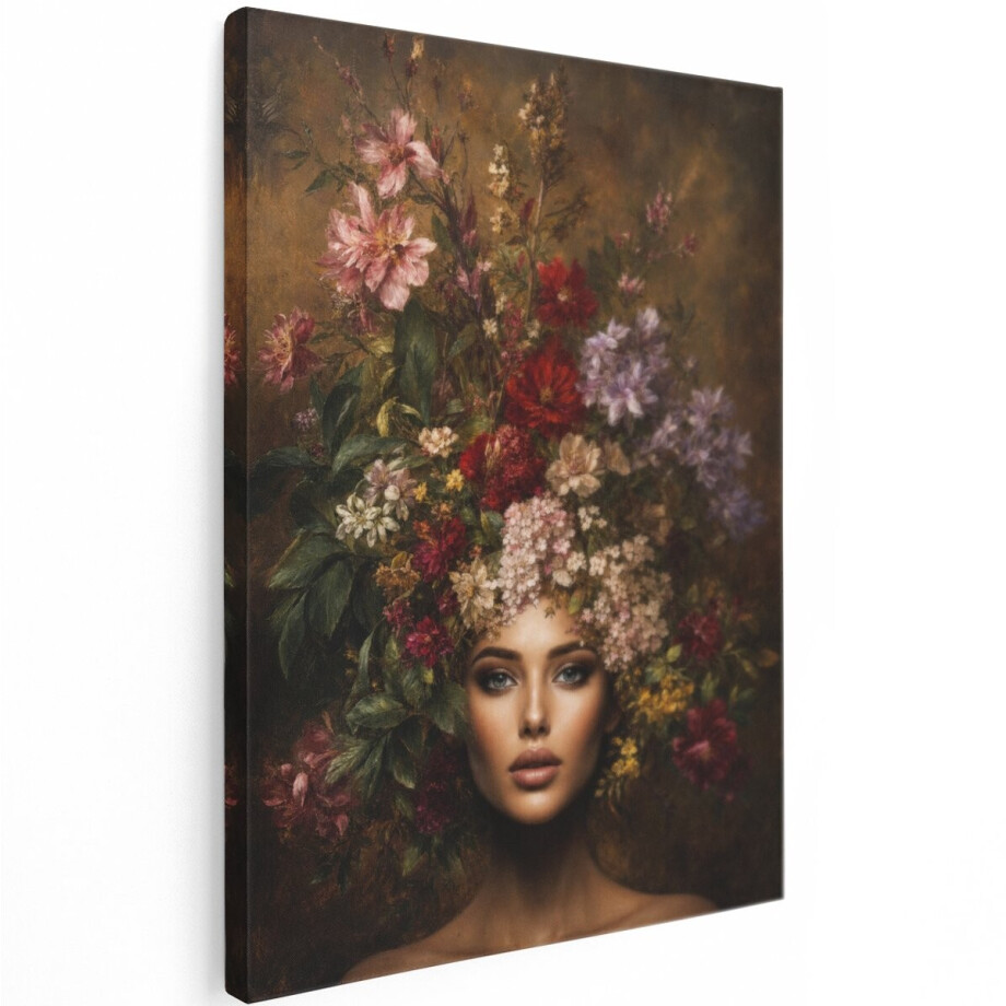 Artaza Canvas Schilderij Vrouw Met Bloemenkrans - Portret In Warme Tinten - 30x40 cm - Klein - Wanddecoratie Woonkamer - Schilderijen - Muurdecoratie afbeelding 1