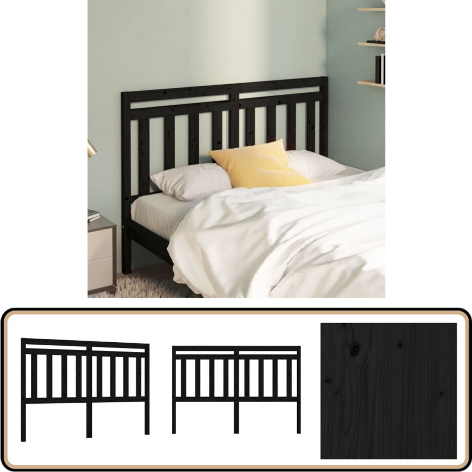 vidaXL Hoofdbord - 166x4x100 cm - Grenenhout - Zwart Hoofd Bord - Beddecoratie - Hoofdeinde - Hout - Zwarte Meubels afbeelding 1