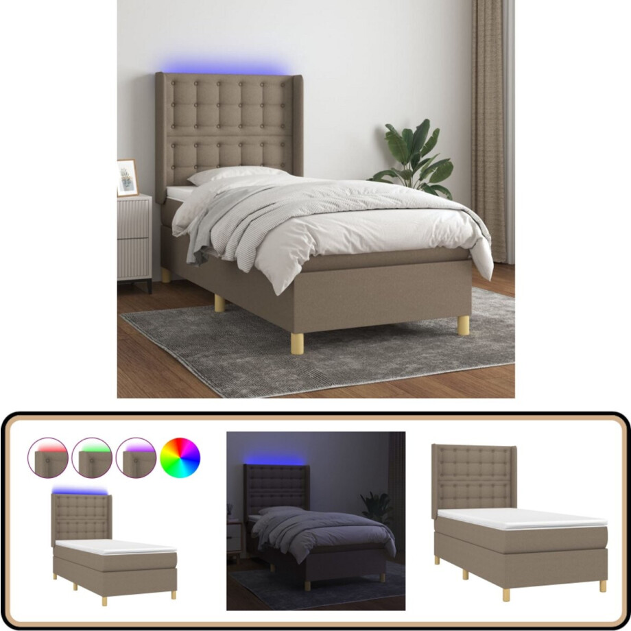 vidaXL Boxspring met LED - Taupe - 90x190 cm Boxspring Bed - Led Bed - Pocketveer Matras - Hoofdbord - Taupecouleur afbeelding 1