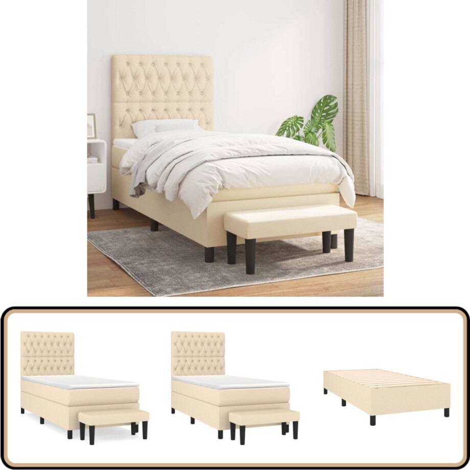 vidaXL Boxspring met matras - Stof crème - 90x200 cm Boxspringbed - Boxspring - Creme Kleur - Tweepersoons Bed - Verstelbare Hoofdbord afbeelding 1