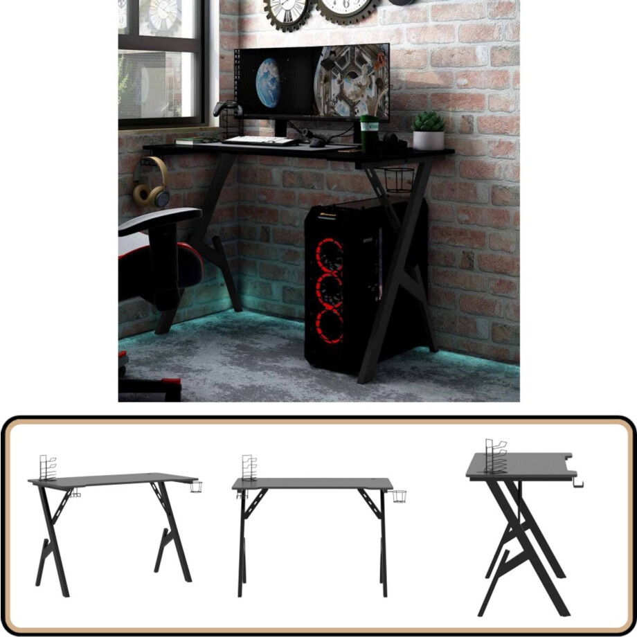 vidaXL Gamingbureau Y-poten 110x60x75 cm - Zwart Gamingbureau - Bureau - Spelcomputer - Werkplek - Ergonomic afbeelding 1