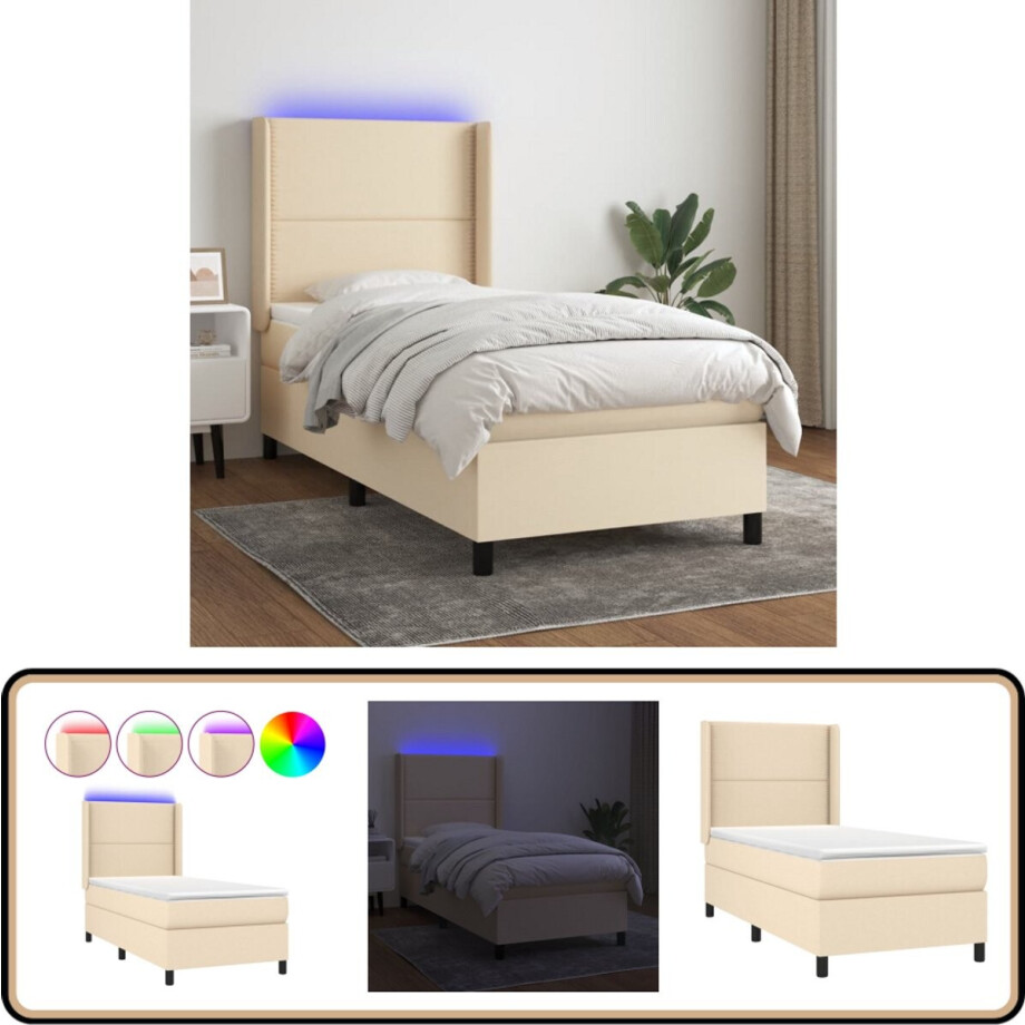 vidaXL Boxspring met matras en LED - crème - 90x190 cm Boxspringbed - Cremekleurig Bed - Verstelbare Hoofdbord - Led Verlichting - Pocketvering Matras afbeelding 1