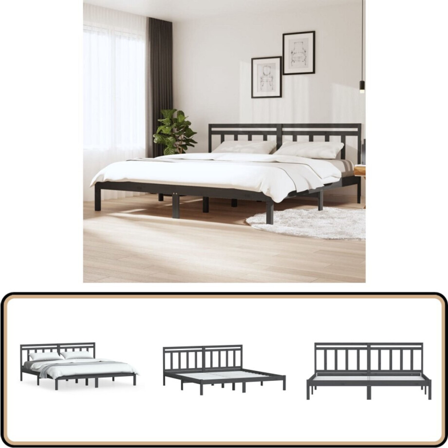 vidaXL Bedframe Massief Grenenhout - Grijs - 200x200 cm Bedframe - Tweepersoons Bed - Houten Bed - Grijze Bed - Slaapcomfort afbeelding 1