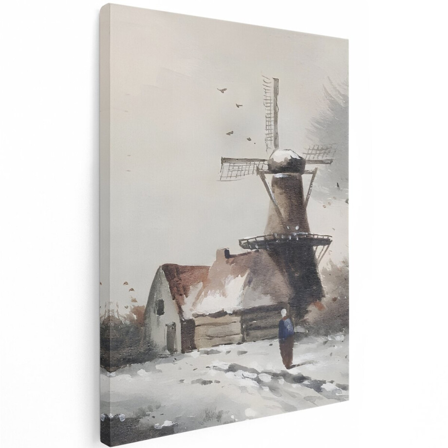 Artaza Canvas Schilderij Molen - 60x80 cm - Wanddecoratie Winterlandschap - Muurdecoratie Aquarel - Decoratie Hollandse Molen Schilderijen afbeelding 1
