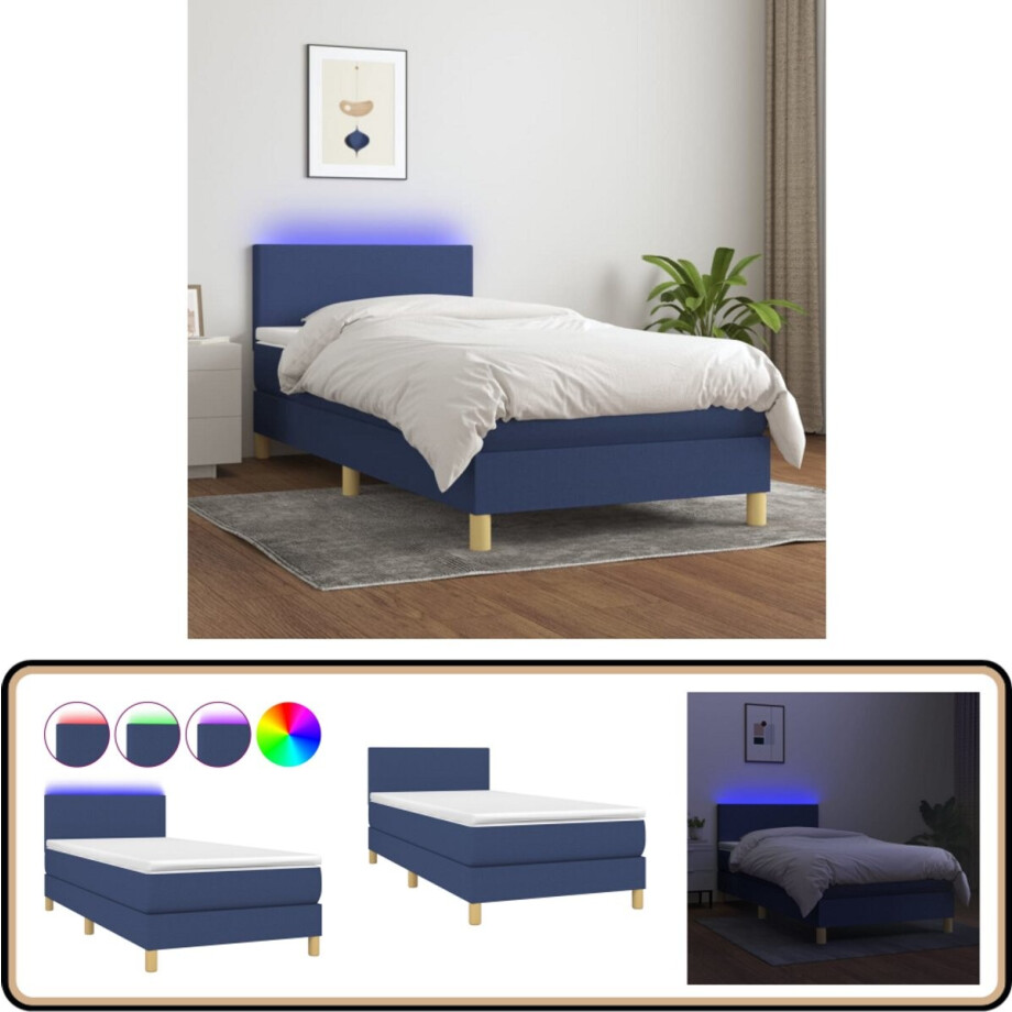 vidaXL Boxspring met LED - Blauw - 90x190 cm Boxspring Bed - Slaapcomfort - Led Verlichting - Verstelbare Hoofdbord - Pocketvering Matras afbeelding 1